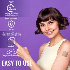 YETAIM energy boost patches on the neck for daytime clarity after nights out.