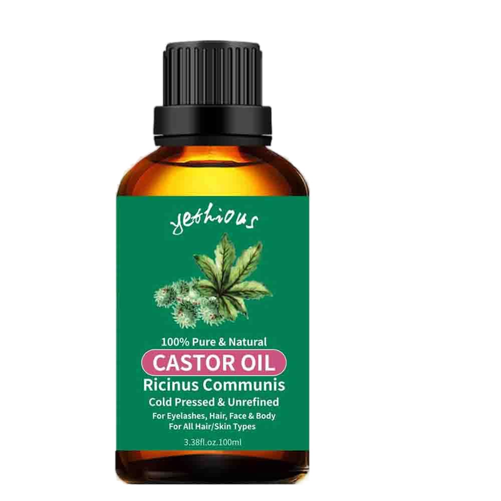 yethious Castor Oil bottle pour shows pure formula for skin and hair nourishment