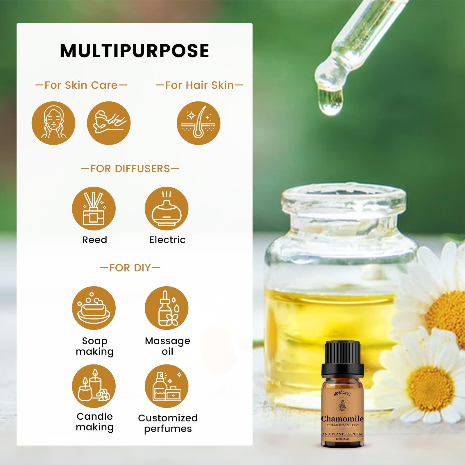 Yethious Chamomile oil for facial skin and gentle massage care.