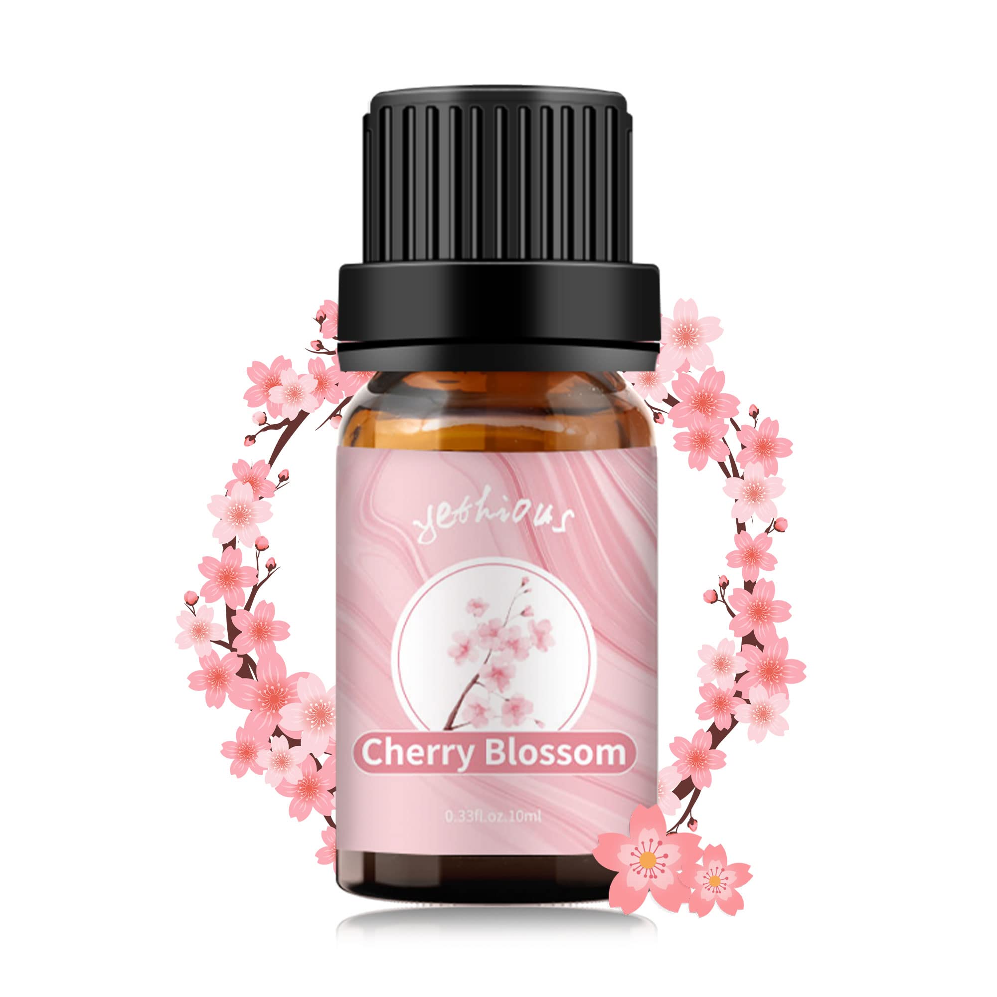 Yethious Cherry Blossom oil bottle pouring for a calming diffuser experience.