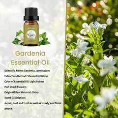 Yethious Gardenia essential oil label close-up showing purity and quality.