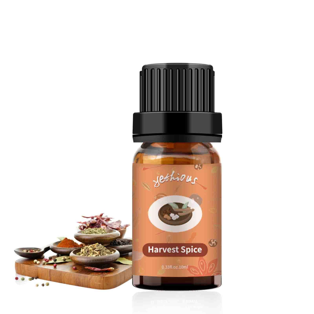 yethious Harvest Spice bottle in focus, ideal for diffusers and DIY projects.