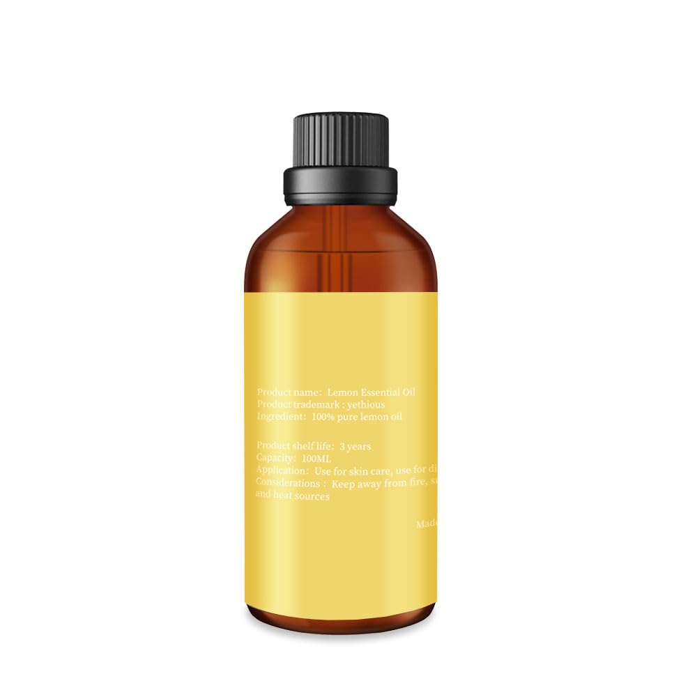 Close-up of Yethious lemon essential oil bottle for pouring.