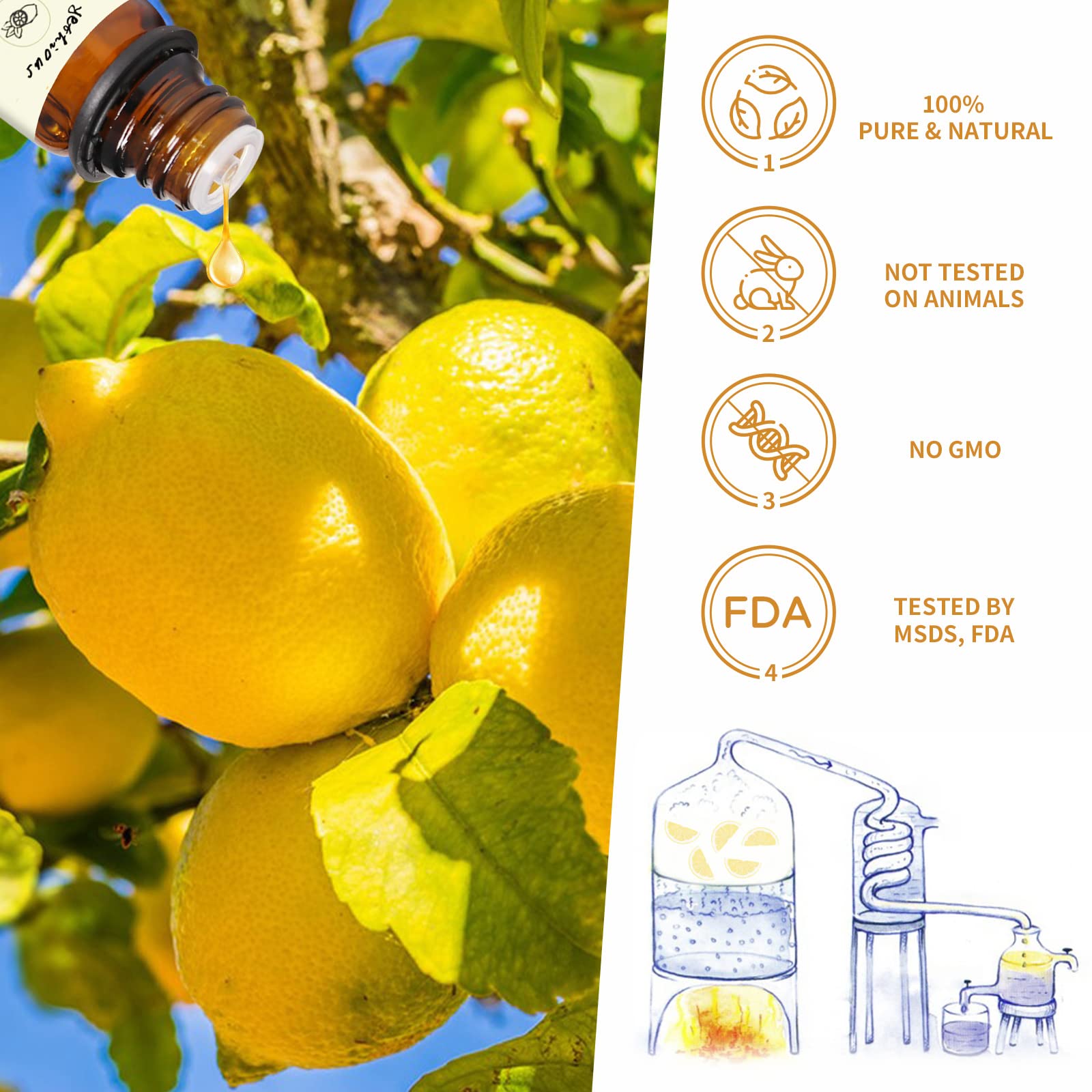 Yethious lemon essential oil bottle with fresh lemons for natural fragrance