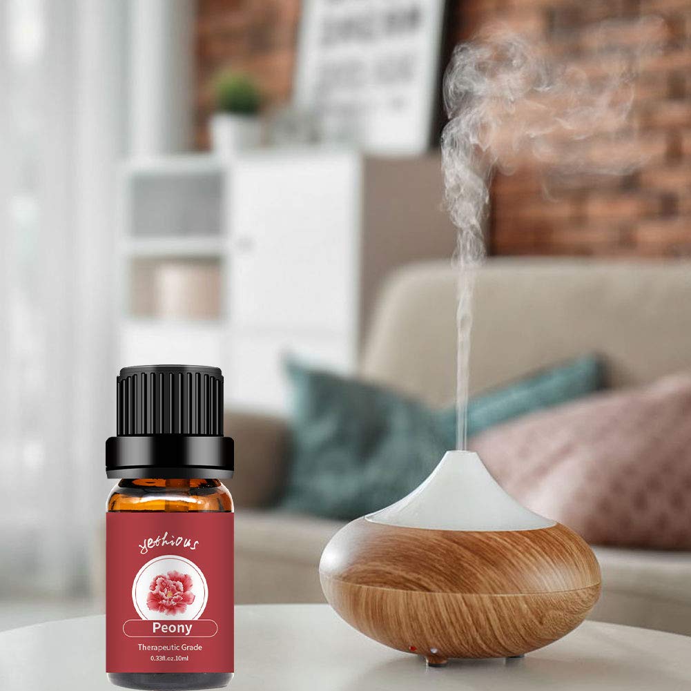 Yethious Peony Essential Oil bottle closeup highlighting purity and fragrance.