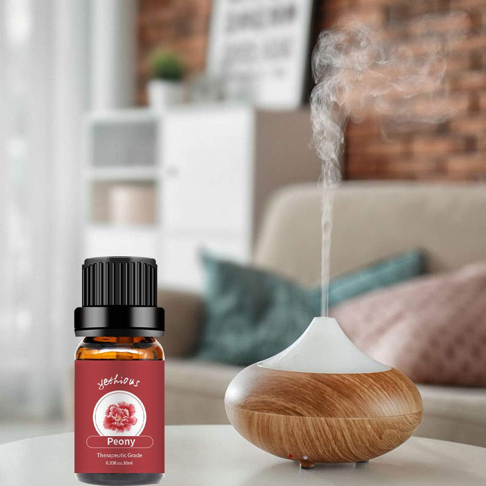 Yethious Peony Essential Oil bottle closeup highlighting purity and fragrance.