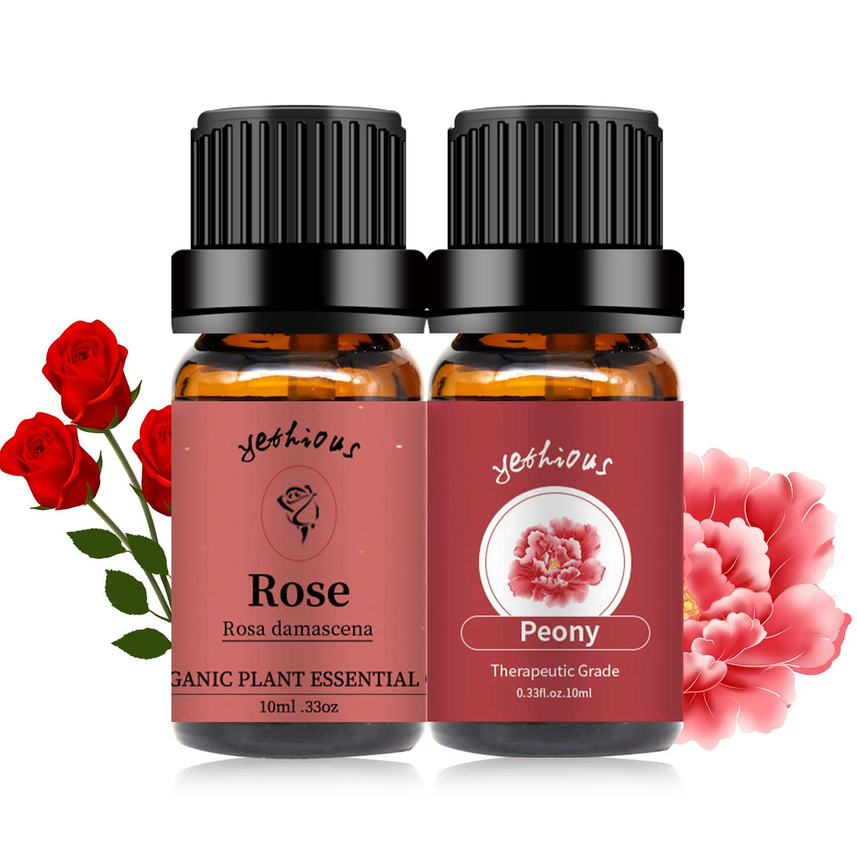 Yethious Rose Essential Oil bottle pour for diffusing floral notes at home.