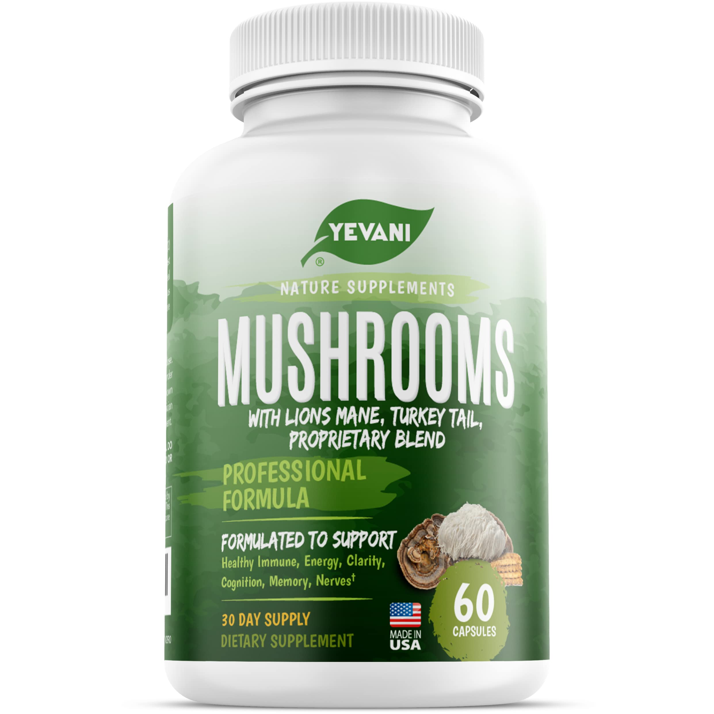 YEVANI mushroom supplement bottle with capsules supporting immune health and focus.