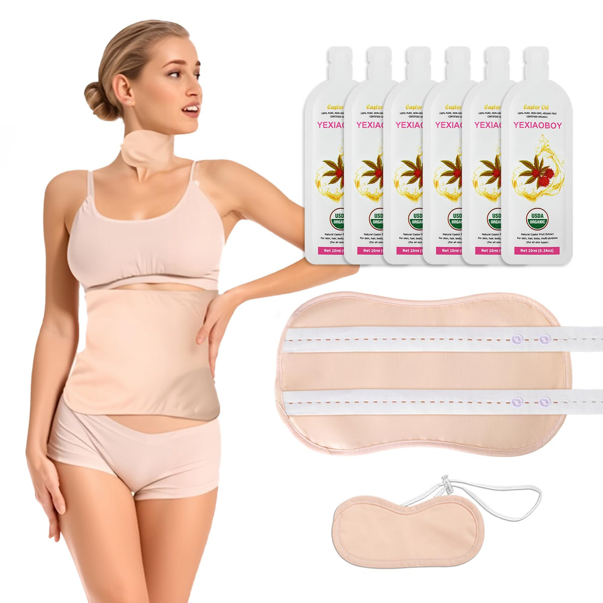 YEXIAOBOY Castor Oil Pack Wrap Kit bottle, smooth oil for skin and lashes.