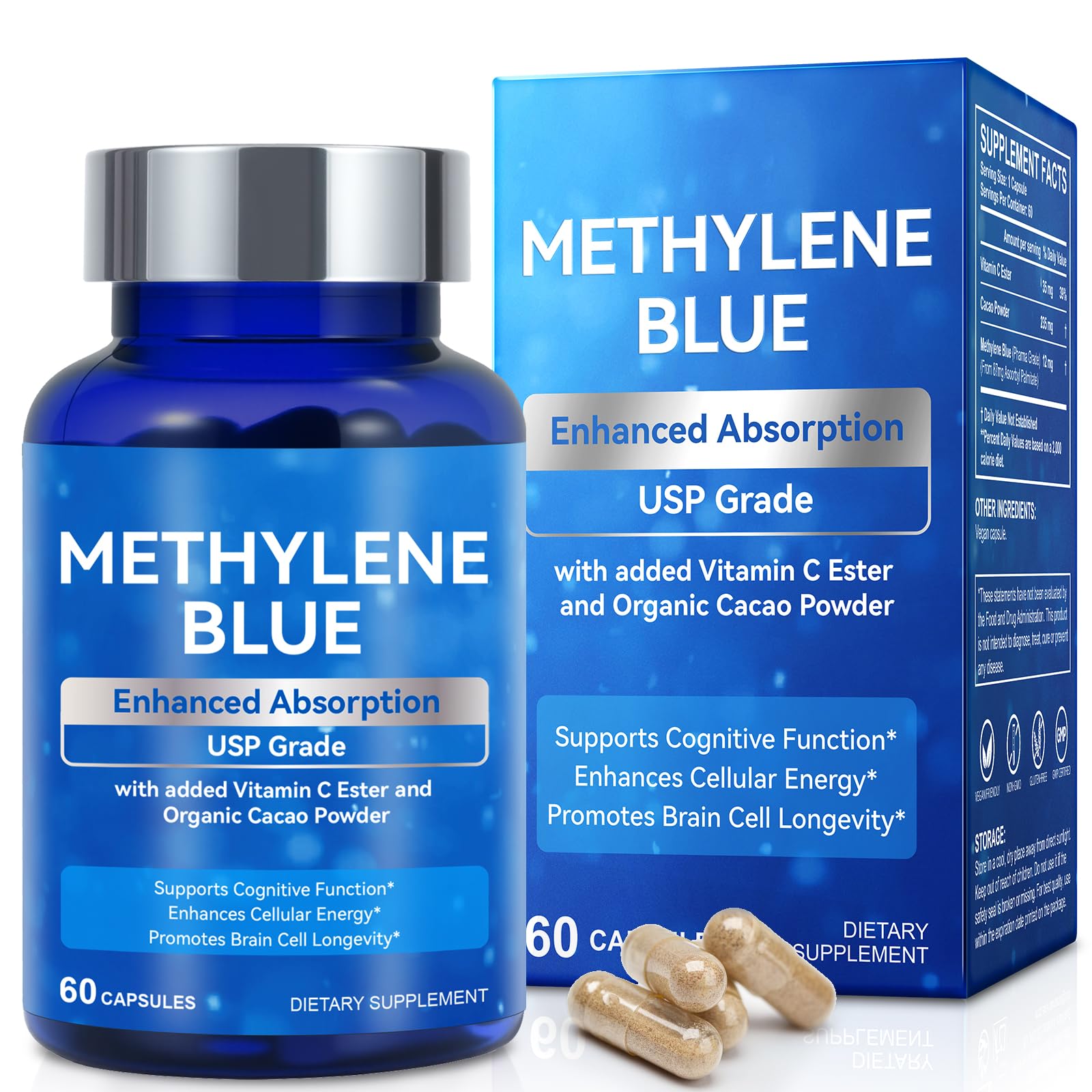 YHFGTTIO Methylene Blue bottle with USP-grade formula for focused thinking.