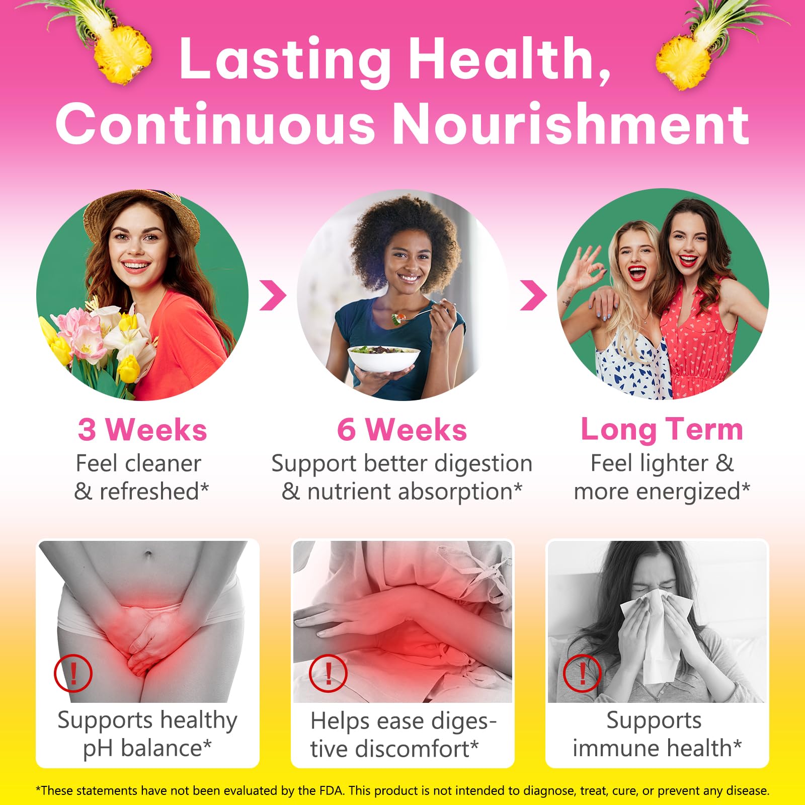 YHFGTTIO Vaginal Probiotics Women Gummies jar-closeup emphasizes natural pineapple flavor and vegan form.