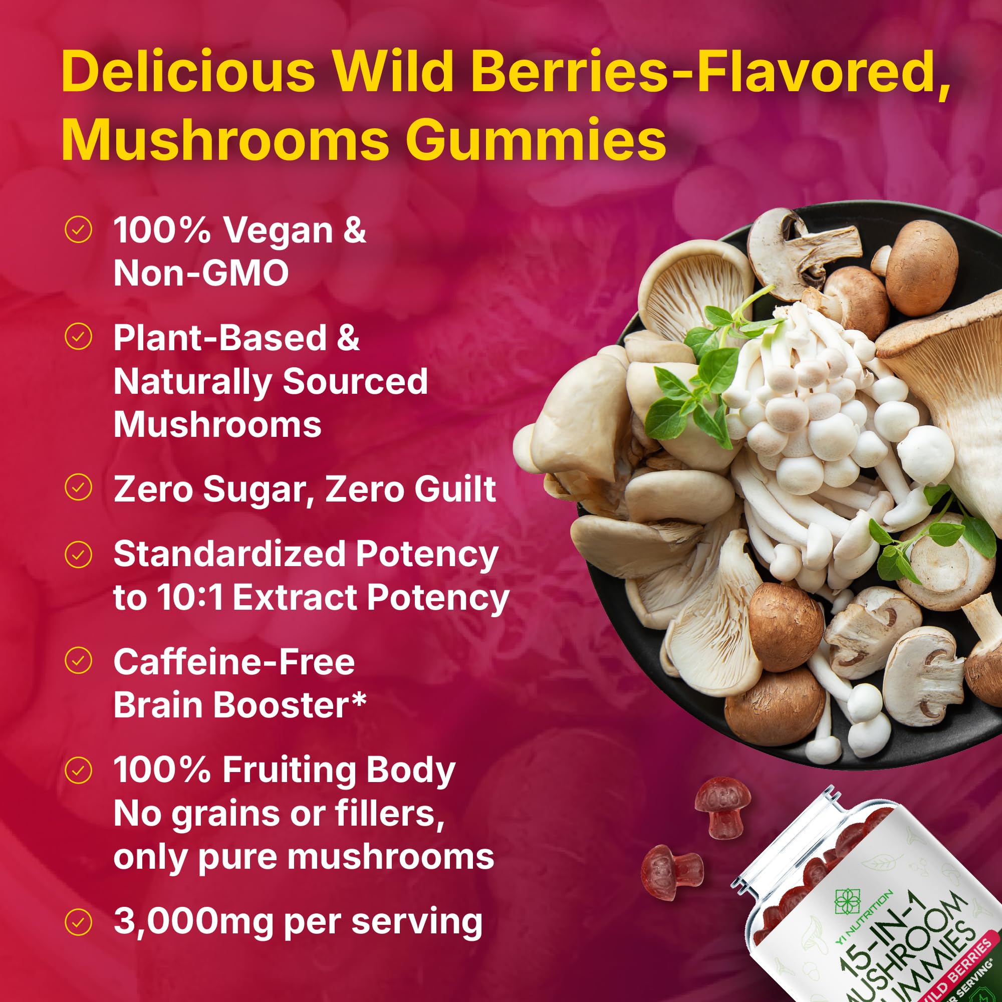 Gummies bottle and 90-count package illustrate a broad mushroom blend from Yi Nutrition