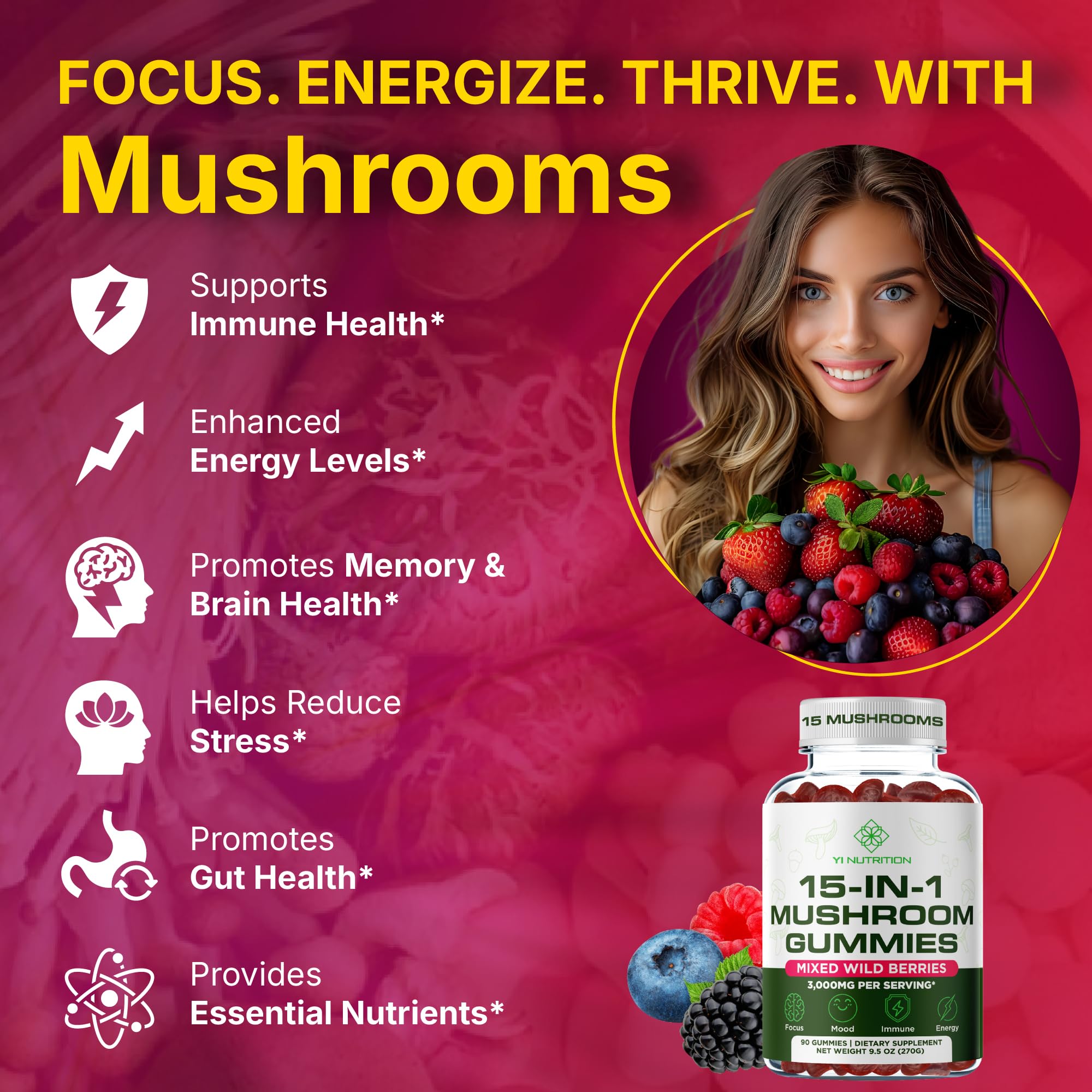 Close-up of Yi Nutrition gummies showing robust wild berry color and texture