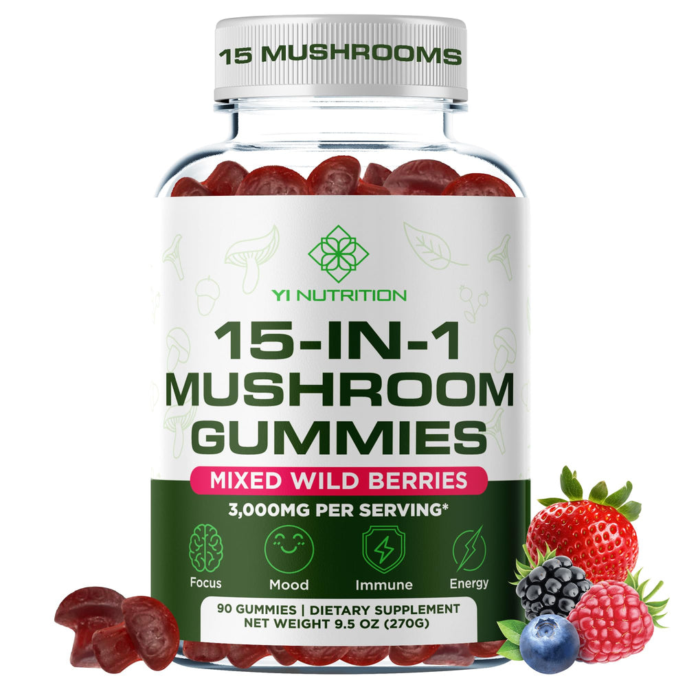 Yi Nutrition 15-in-1 Mushroom Gummies bottle with wild berry flavor for daily focus