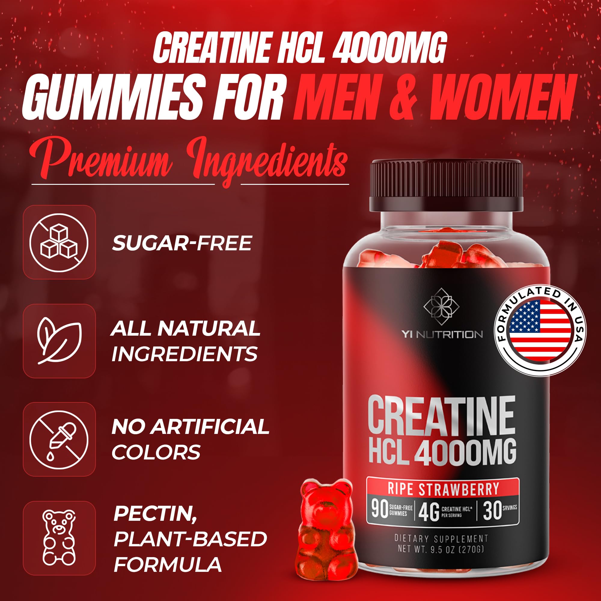Yi Nutrition Creatine HCL Gummy jar close-up highlighting chewy texture.