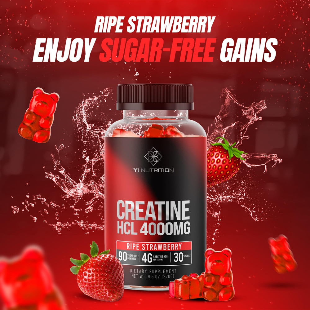 Yi Nutrition Creatine HCL Gummy packaging box on gym bench for on-the-go use.