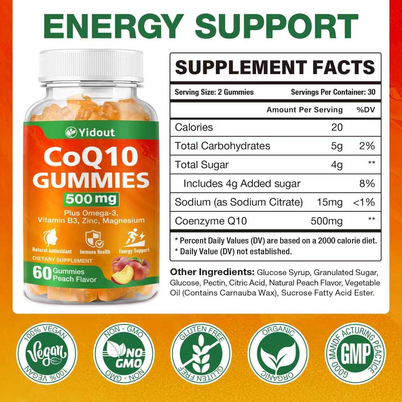 Yidout CoQ10 gummies pack of 2 demonstrates easy daily routine and travel-friendly supplementation.