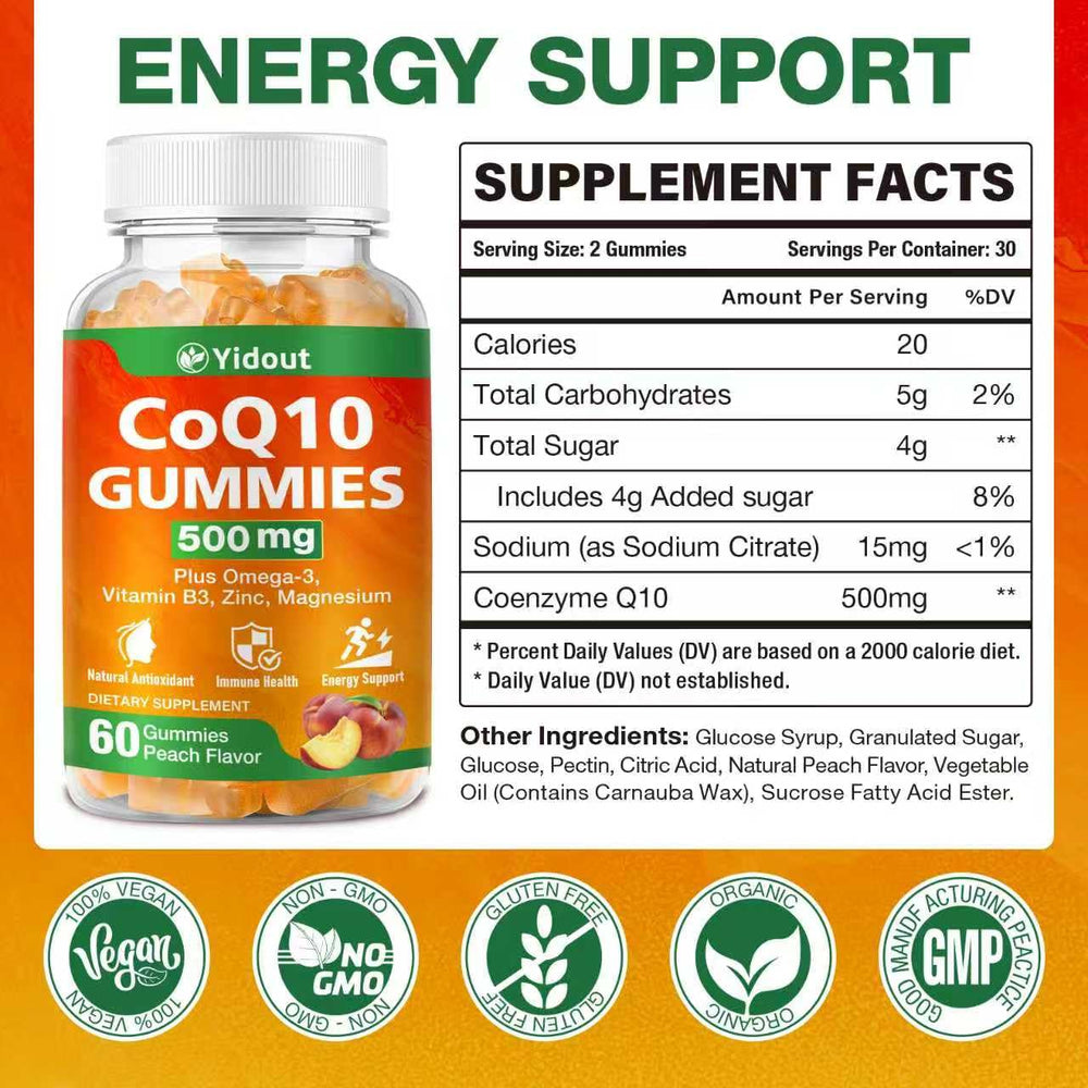 Yidout CoQ10 gummies pack of 2 demonstrates easy daily routine and travel-friendly supplementation.
