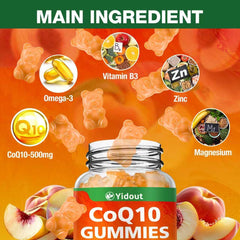 Peach-flavored gummies serving emphasizes tasty, convenient intake.