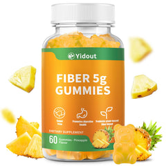 Yidout pineapple flavored fiber gummies in bottle highlighting no sugar added for gut health