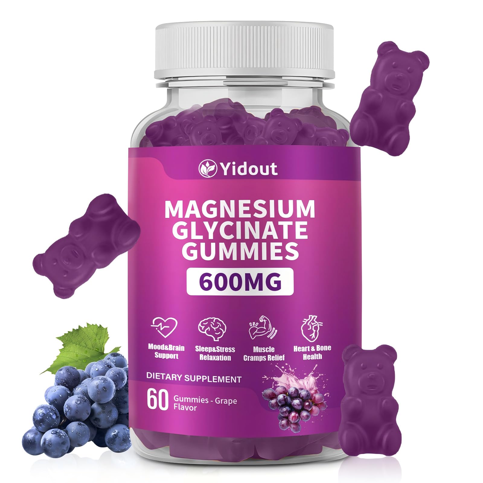 Yidout magnesium glycinate gummies bottle closeup highlighting grape flavor for daily relaxation.
