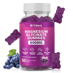 Yidout magnesium glycinate gummies bottle closeup highlighting grape flavor for daily relaxation.