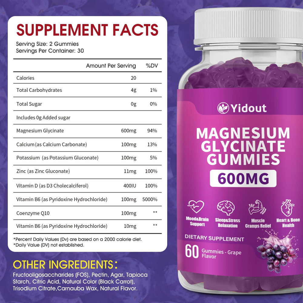 Yidout gummies grape flavor closeup emphasizing vegan and gluten-free formula for wellness.