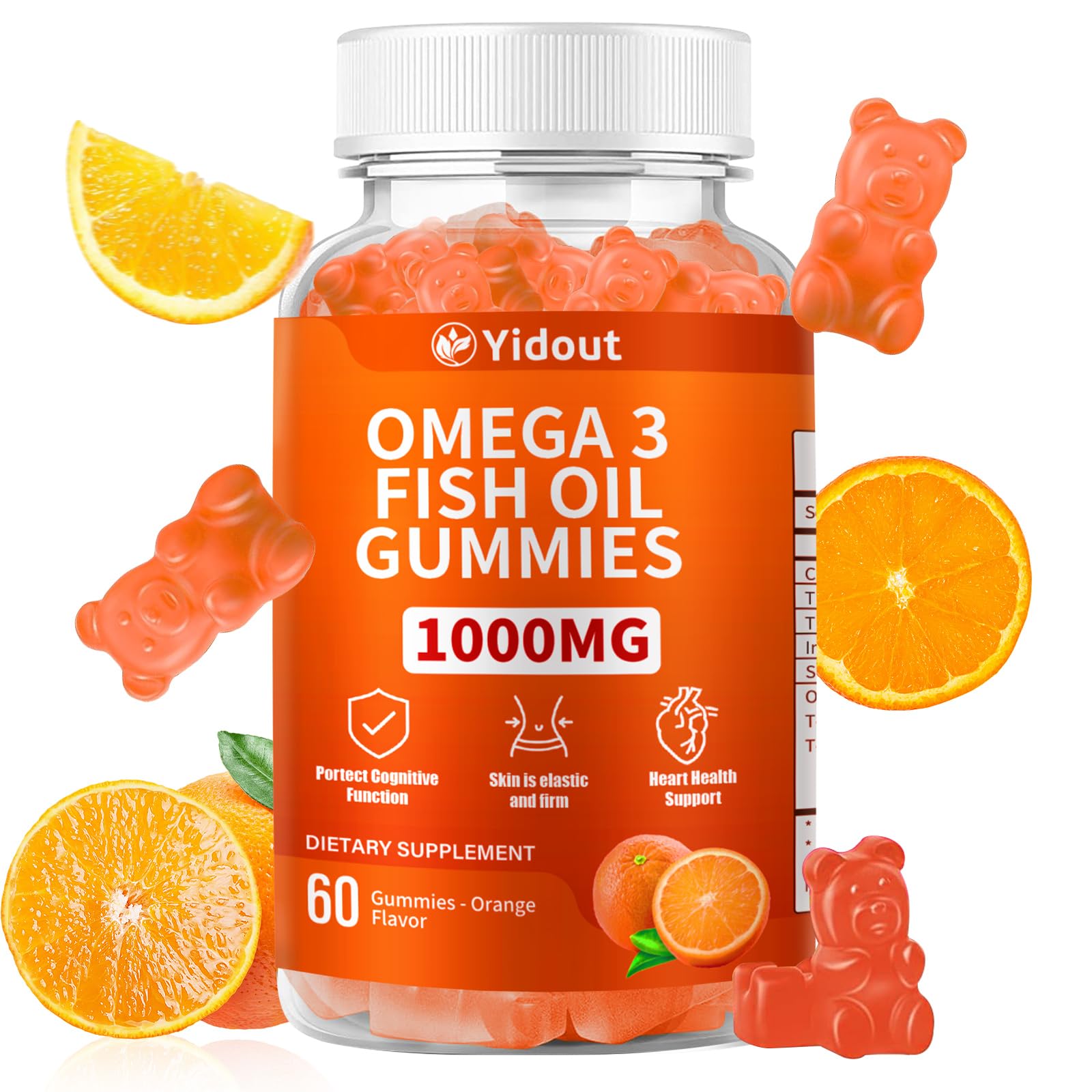 Yidout Omega-3 gummies orange bottle, easy daily supplement for heart and brain support