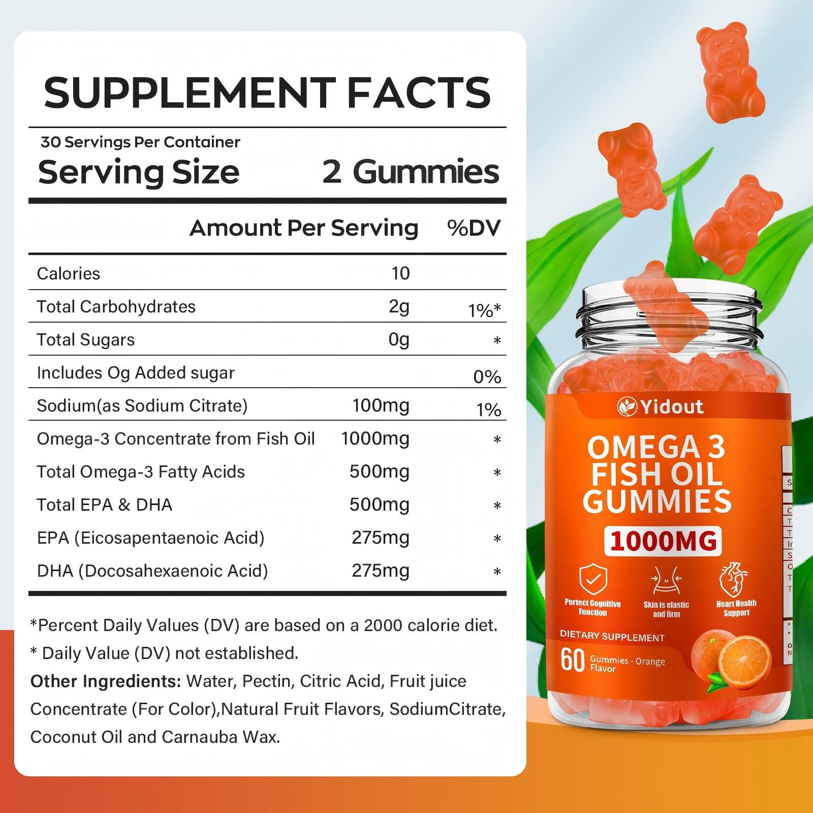 Yidout Omega-3 gummies close-up, vivid orange flavor for tasty daily nutrition