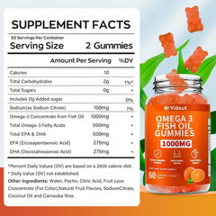Yidout Omega-3 gummies close-up, vivid orange flavor for tasty daily nutrition