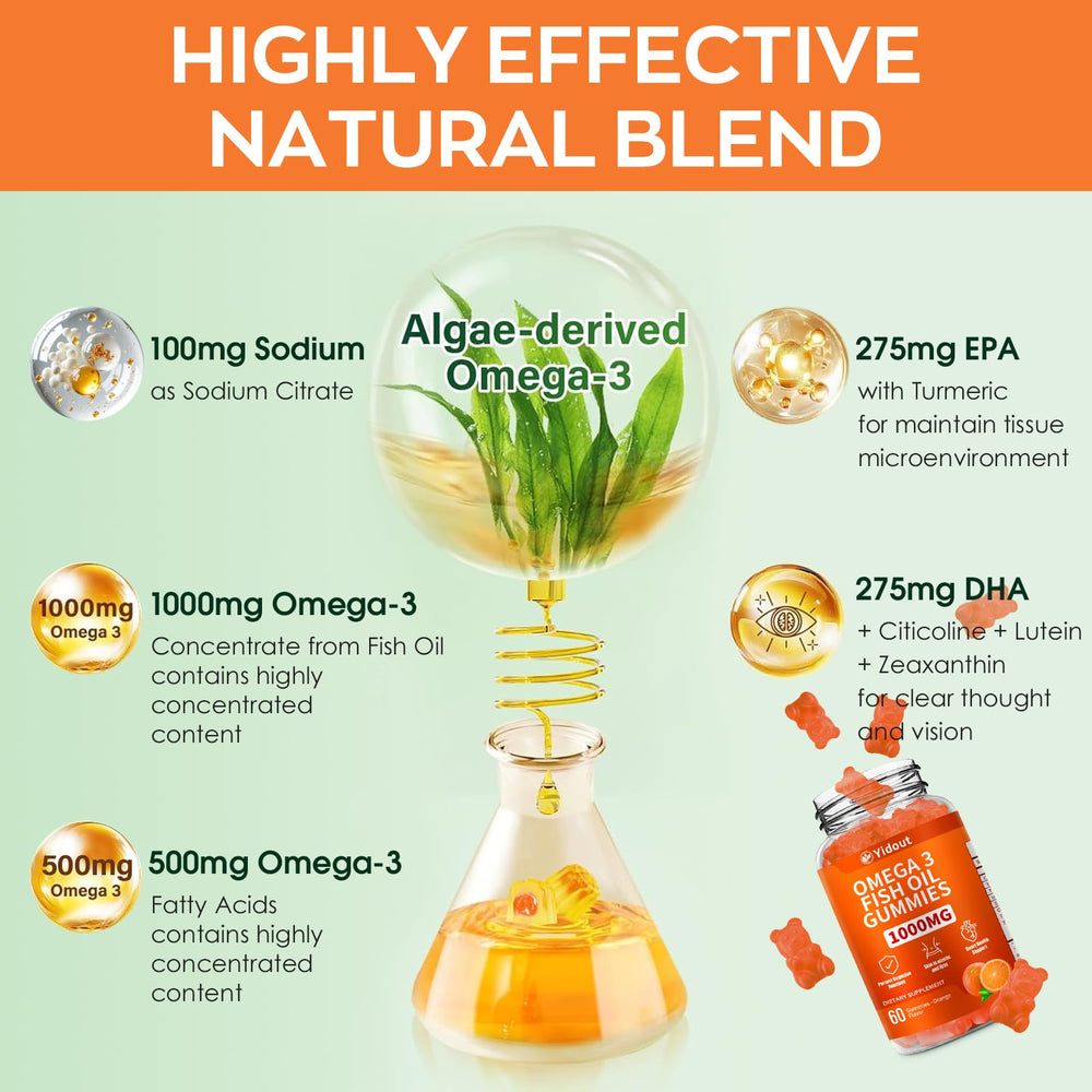 Yidout Omega-3 gummies label, clear ingredients for gluten-free, non-GMO appeal