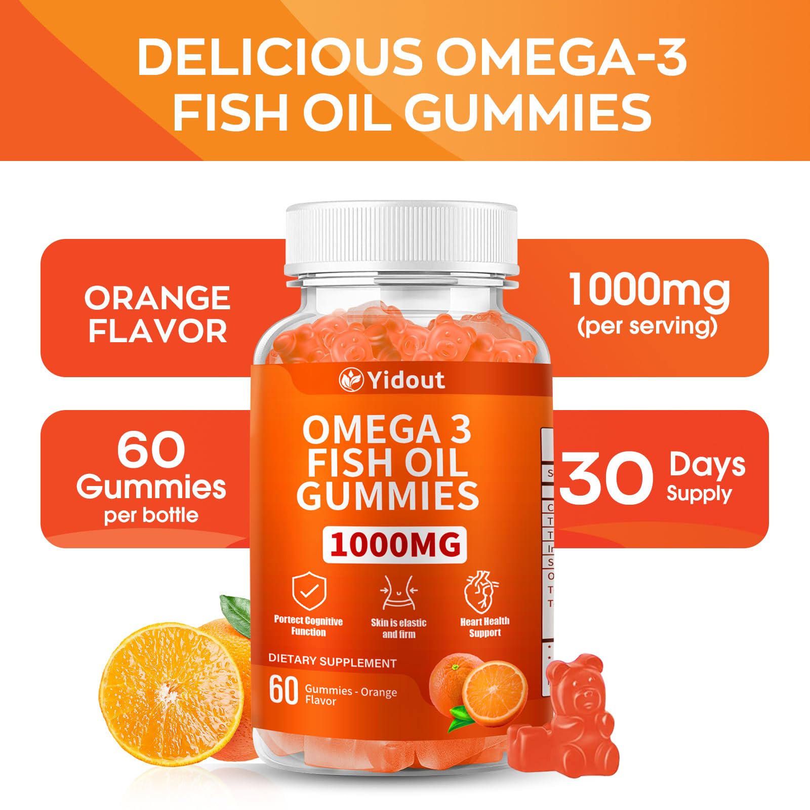 Yidout Omega-3 gummies table, product on table showing texture and color