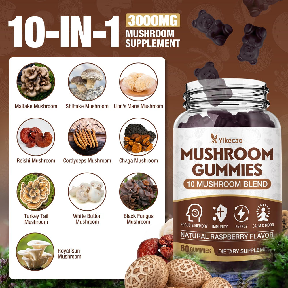 Yikecao 10-mushroom blend graphic showing diverse ingredients for balance