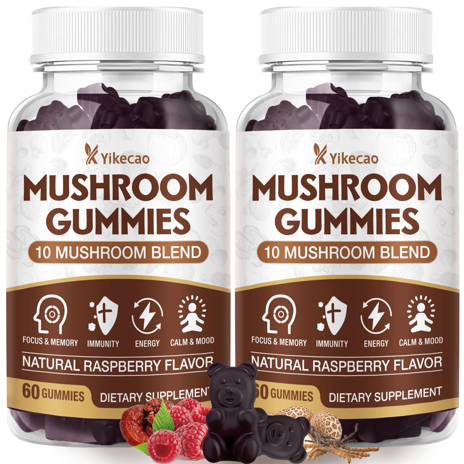 Yikecao 2-pack mushroom gummies bottle front for easy daily focus