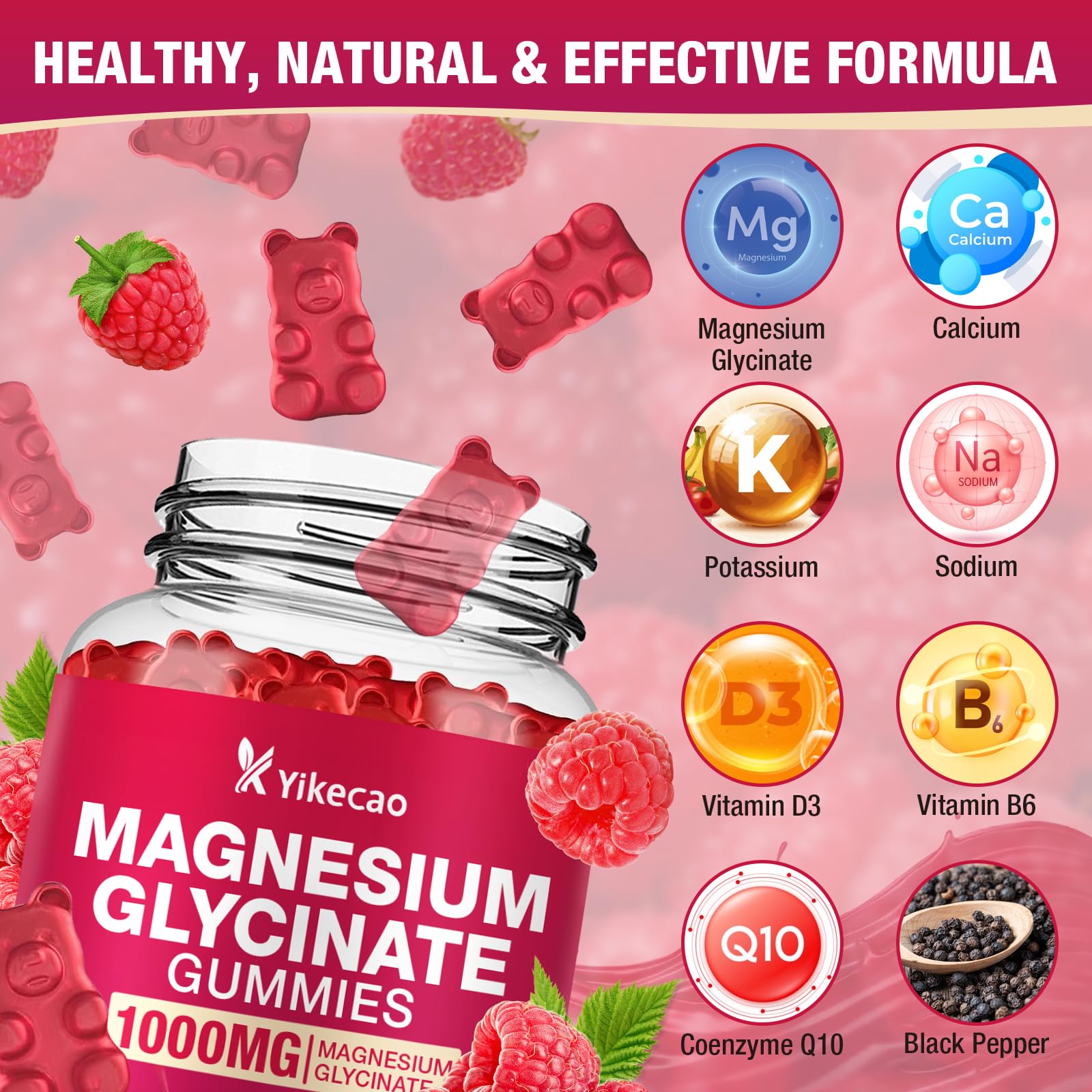 Yikecao label highlights 1000mg magnesium glycinate for absorption.