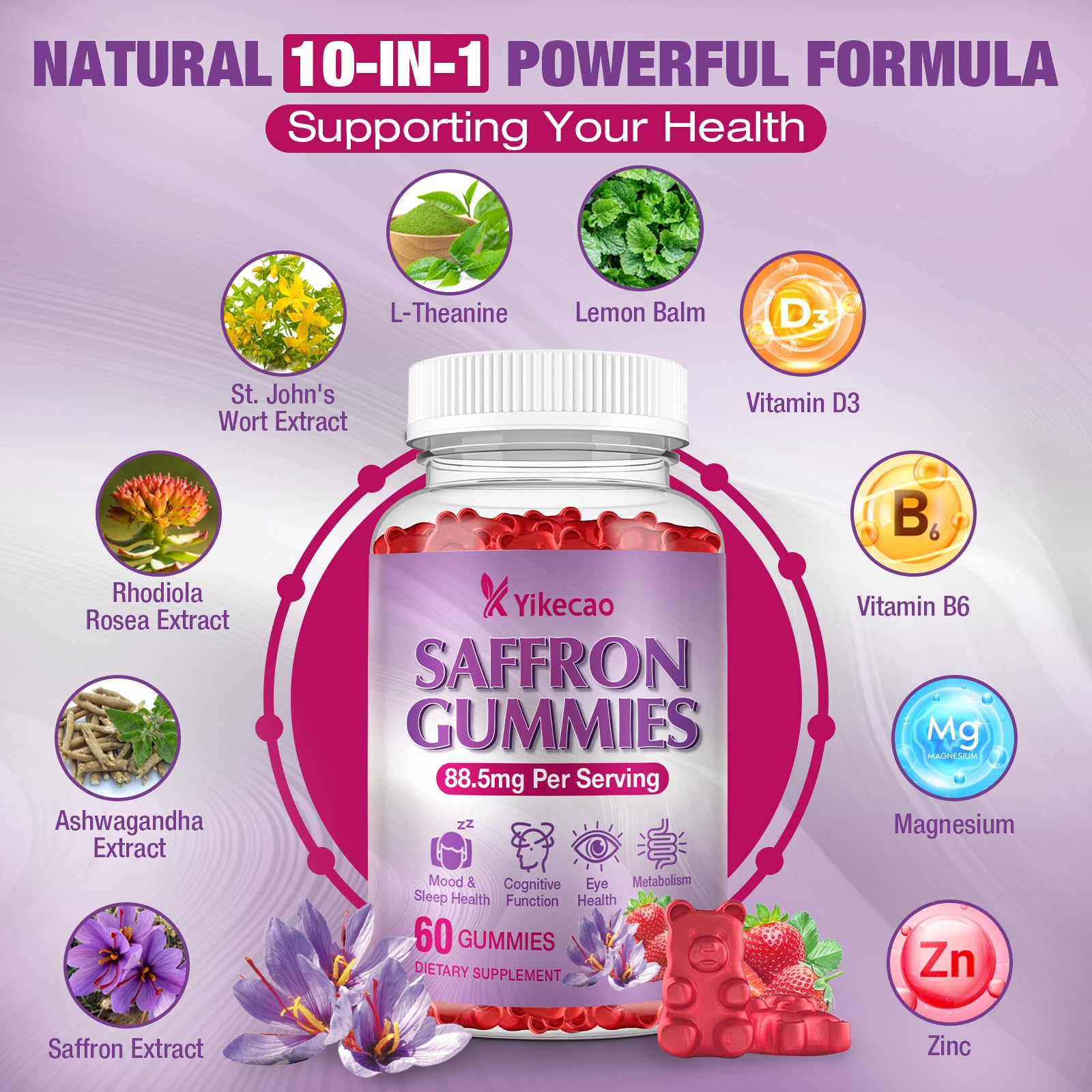 Yikecao saffron gummies nutrition label key nutrients for balance