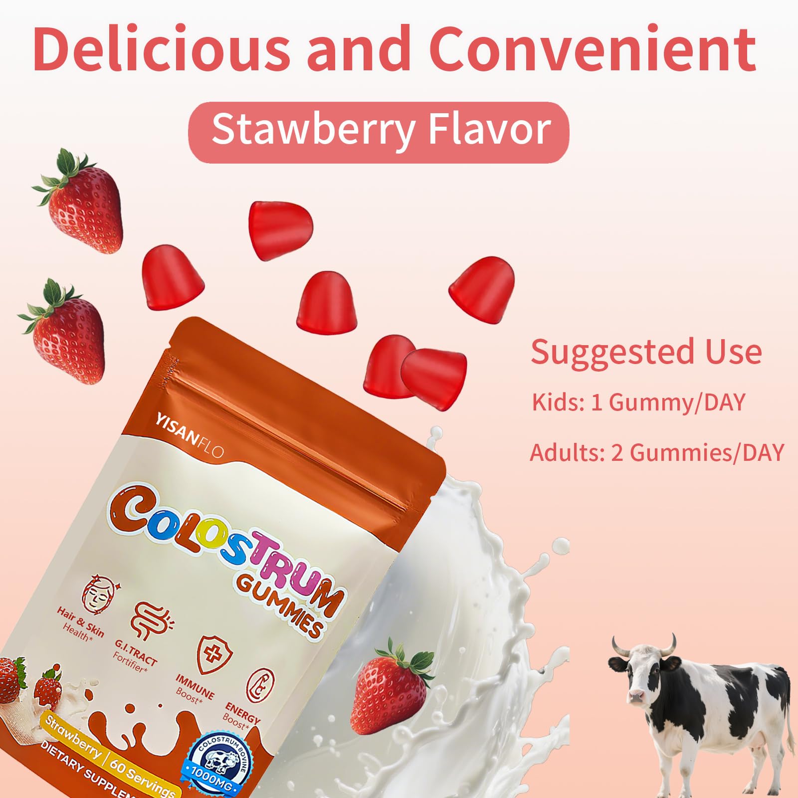 YISANFLO gummies ingredients label highlighting grass-fed colostrum and natural ingredients.