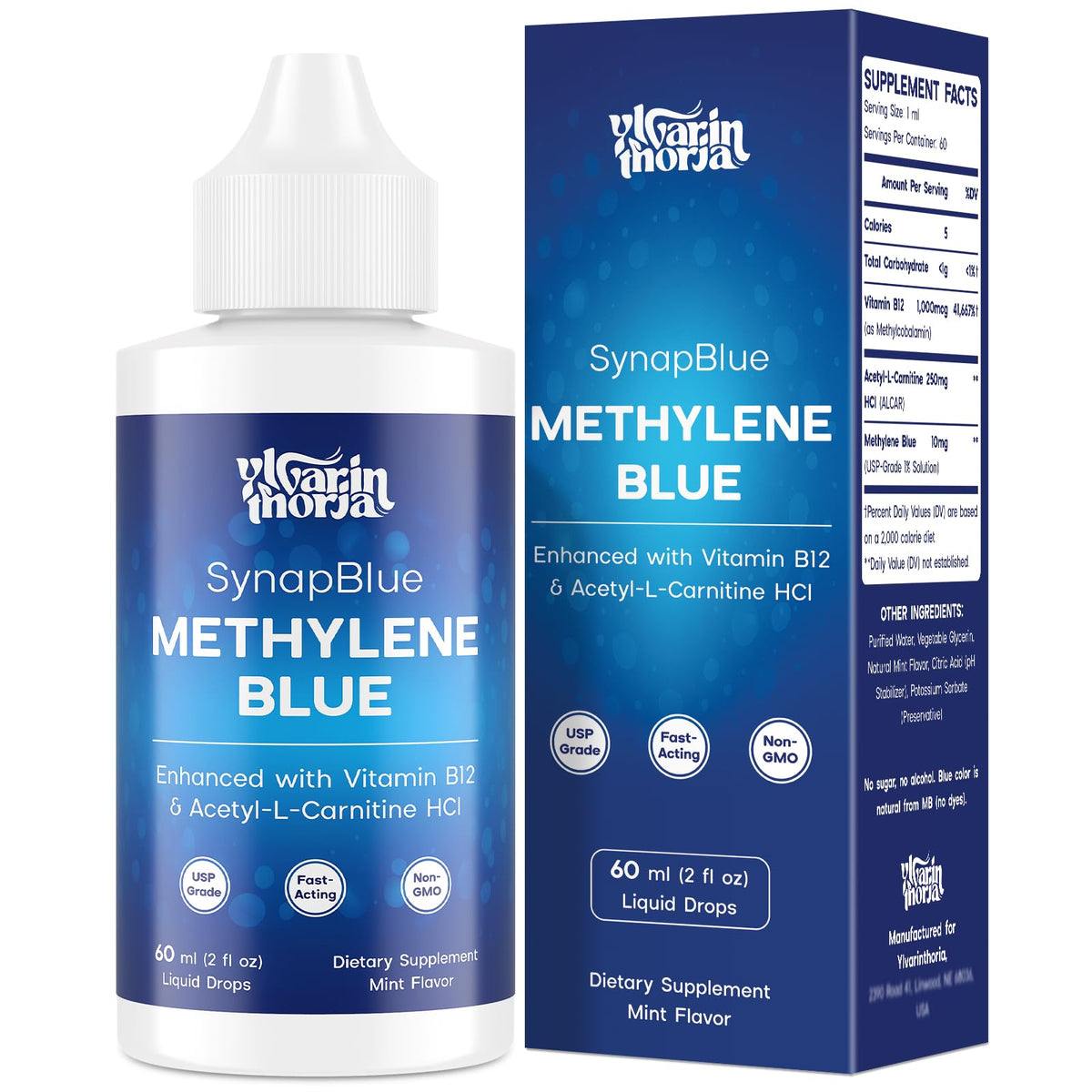 YLVARIN THORIA methylene blue drops in a no-touch bottle enable clean dosing.