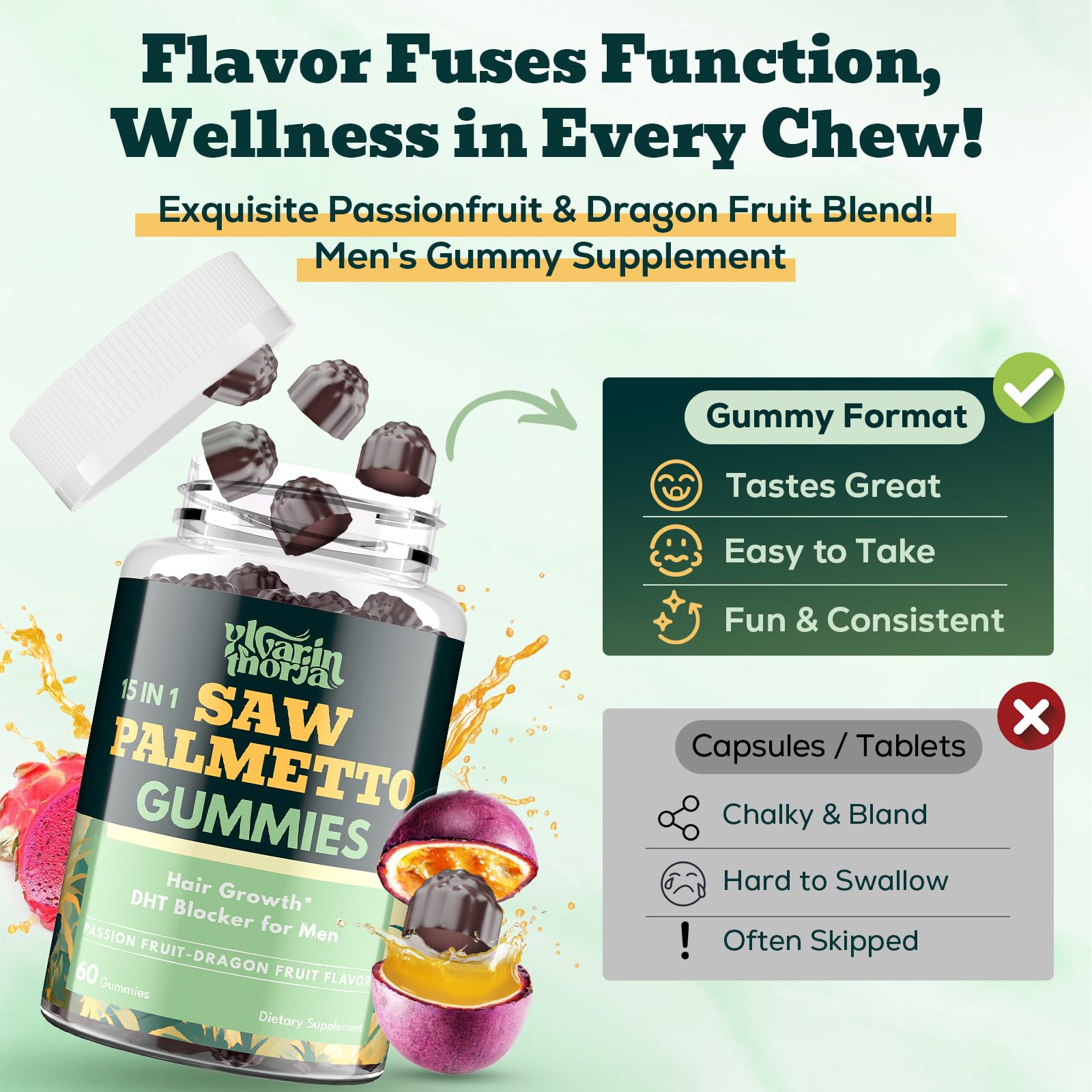 YLVARIN THORIA gummies nutrition facts with 600mg saw palmetto per serving.