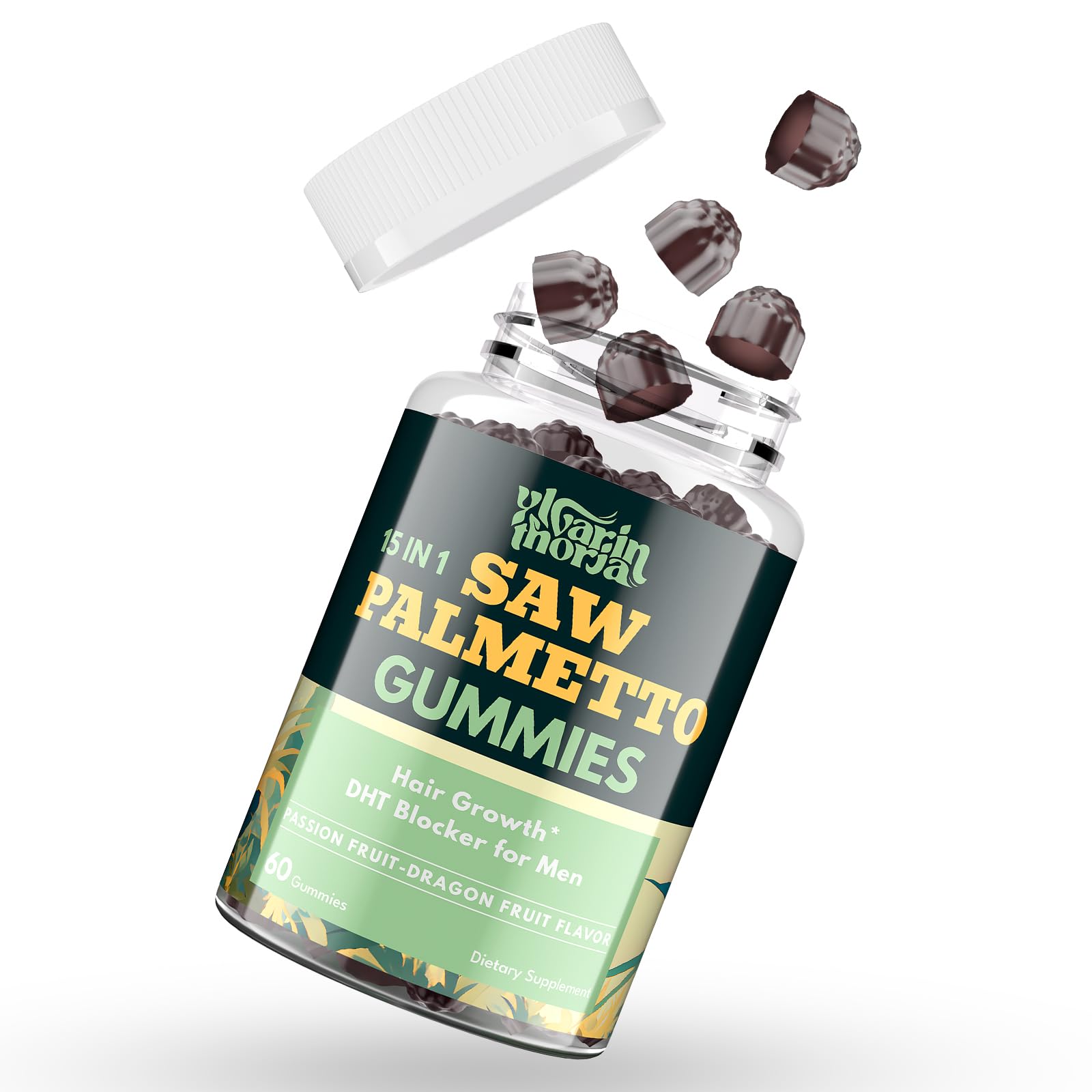 YLVARIN THORIA Saw Palmetto Gummies bottle supports prostate function and urinary flow.