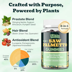 Gummies close-up reveals 600mg per piece for daily hair and prostate wellness.