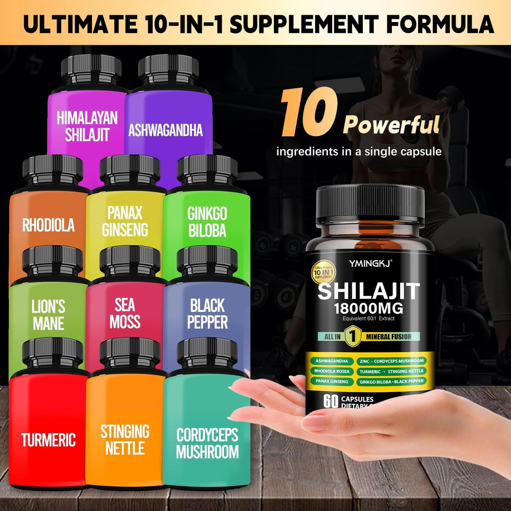 YMINGKJ Shilajit with Ashwagandha and Panax Ginseng visual emphasizes adaptation.