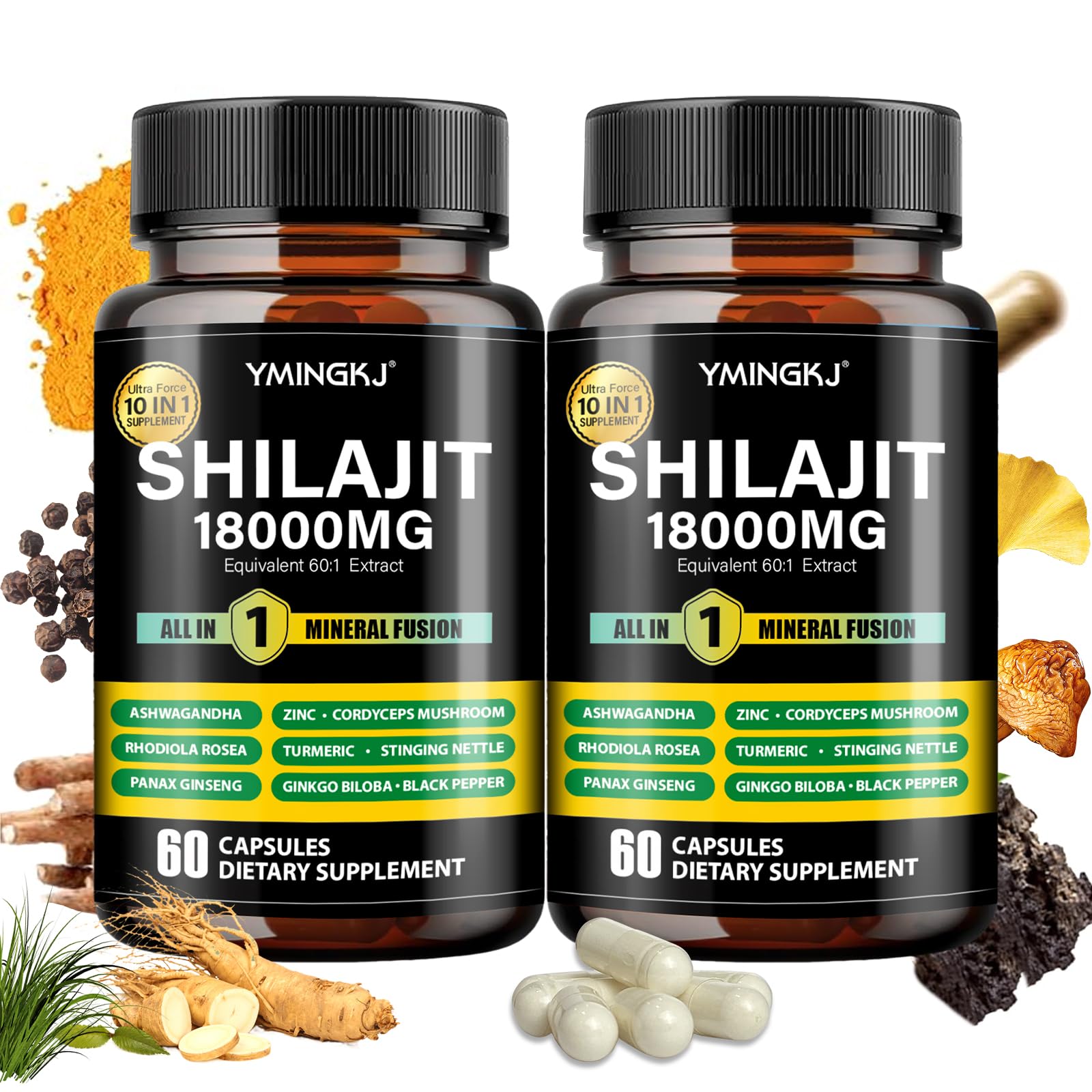 YMINGKJ Shilajit capsules bottle close-up for daily wellness and vitality.