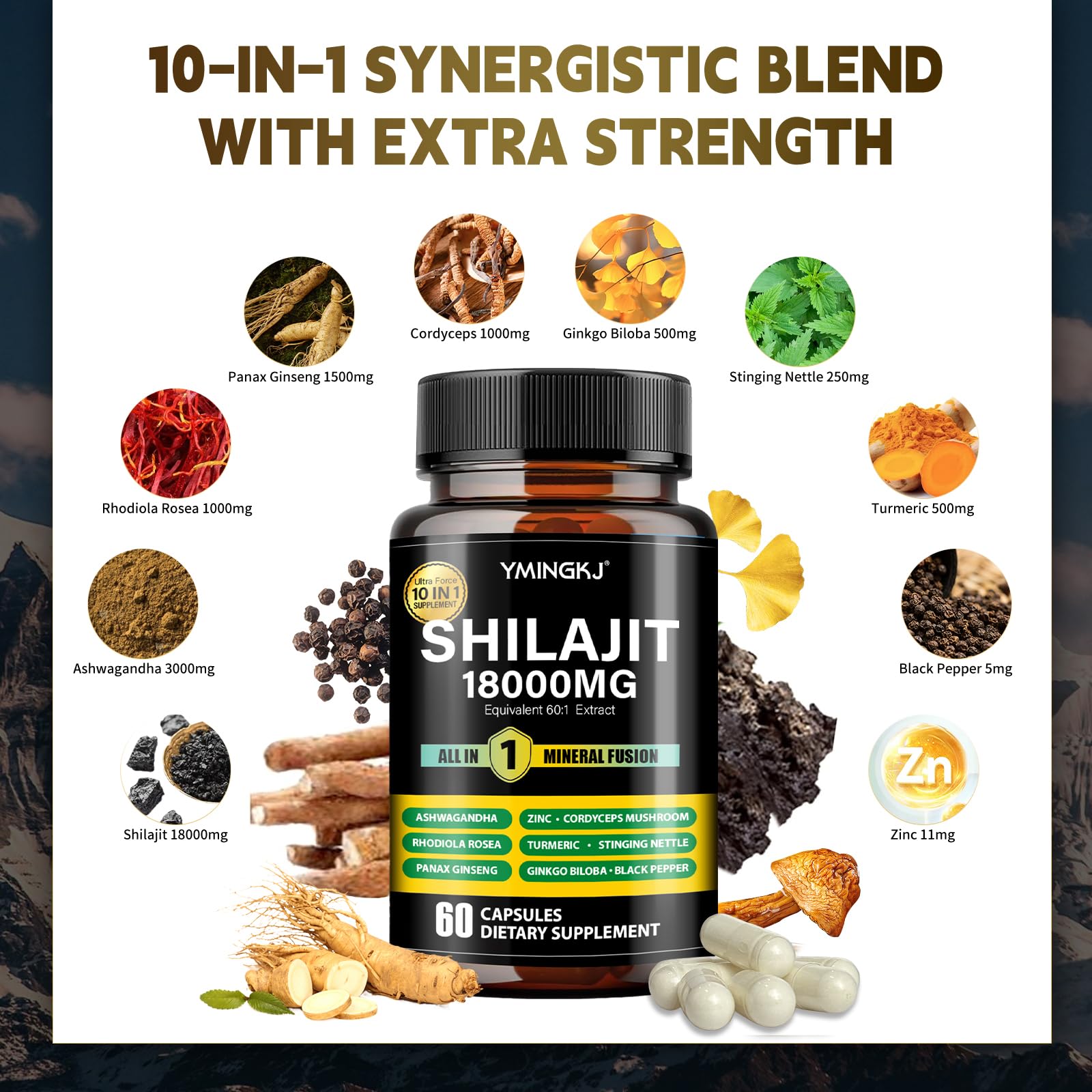 YMINGKJ Shilajit capsules spilling signals easy daily intake for energy and focus.