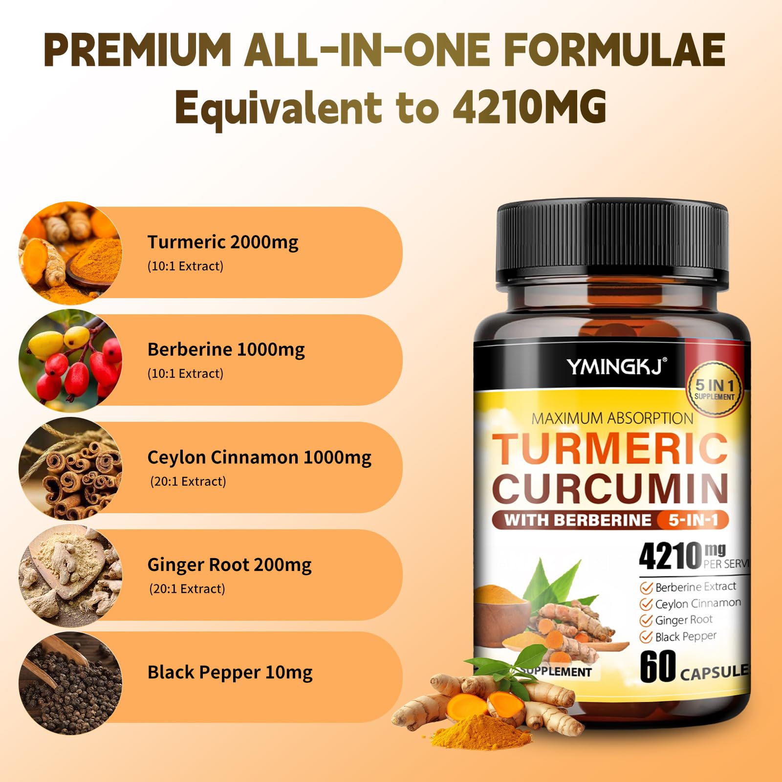 YMINGKJ turmeric-curcumin with black pepper highlights enhanced absorption for daily use.