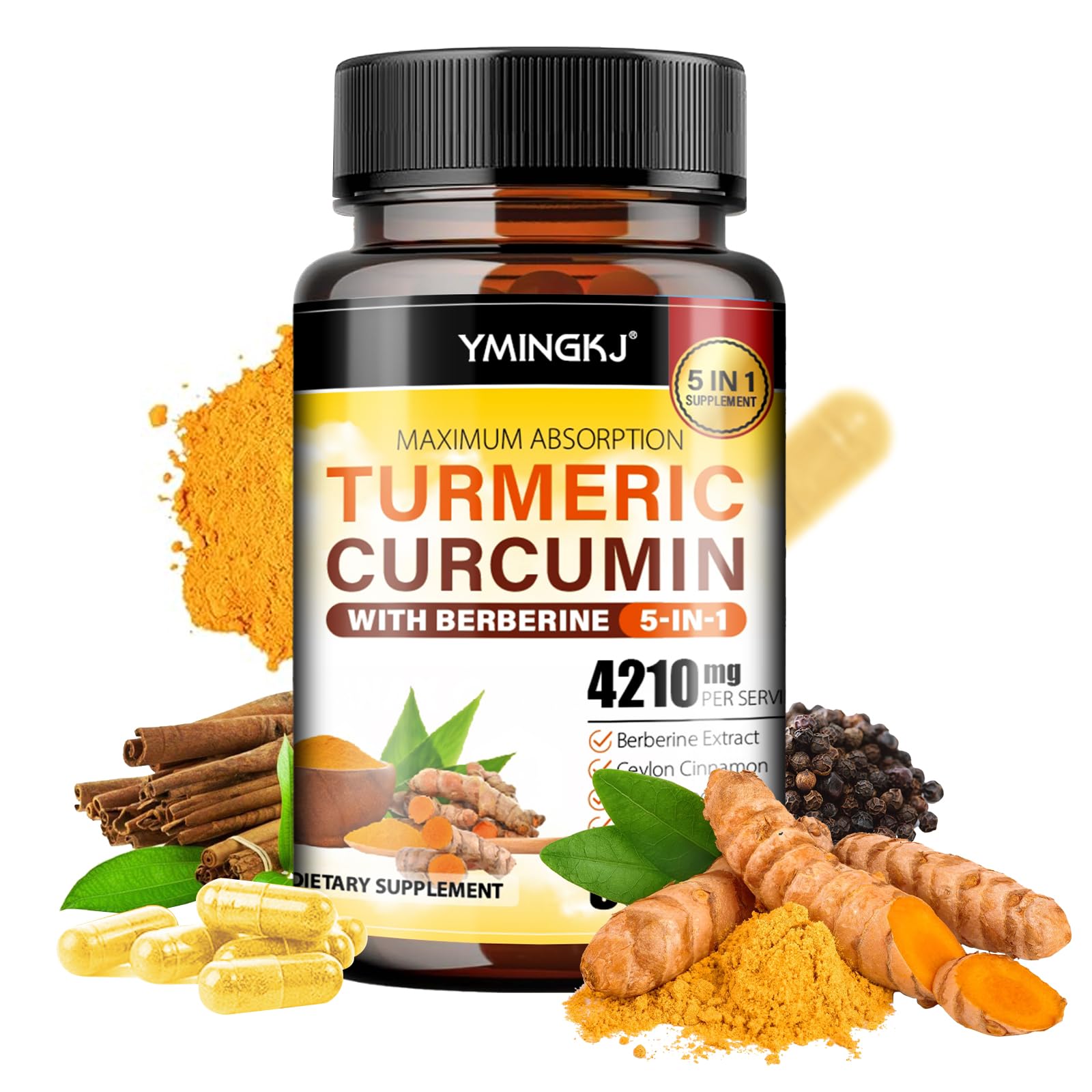 YMINGKJ turmeric-curcumin bottle promotes daily wellness with a vibrant golden finish.