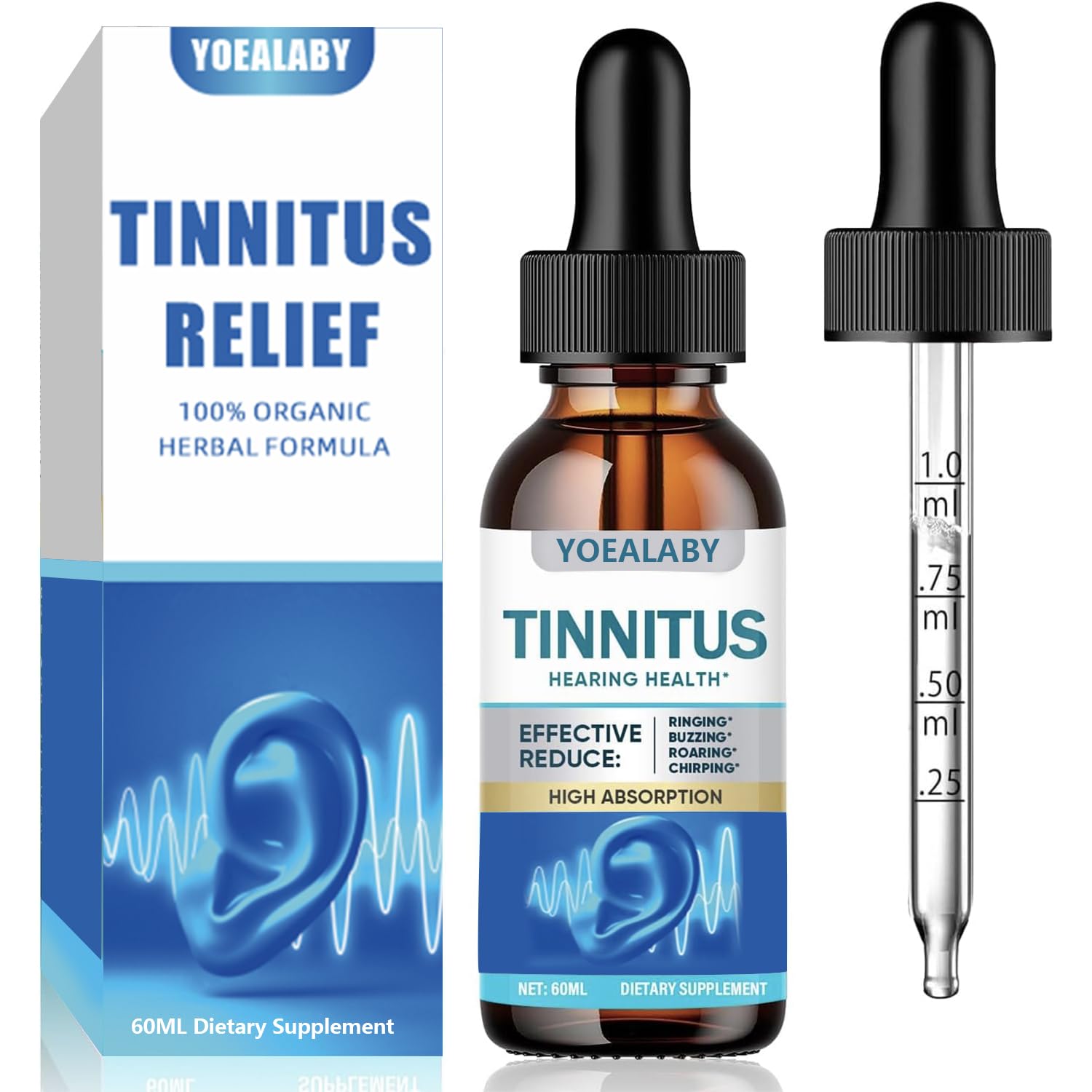 YOEALABY tinnitus relief bottle pour for easy, quick-use drops.