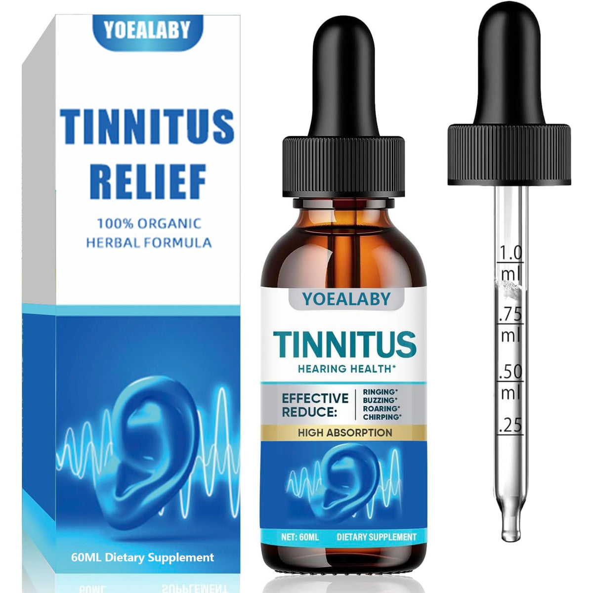 YOEALABY tinnitus relief bottle pour for easy, quick-use drops.