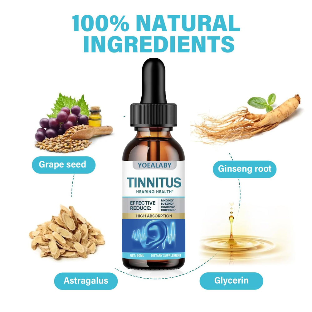 YOEALABY tinnitus relief ingredients chart shows plant extracts for natural care.