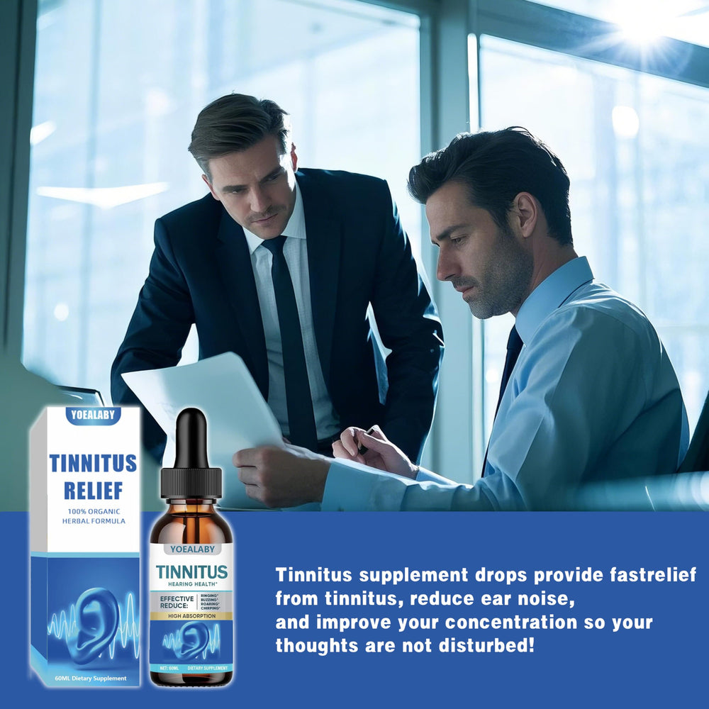 YOEALABY tinnitus relief label detail confirms 60ml size.